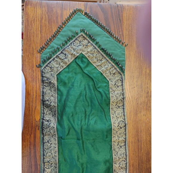 CPK Brand Cotton & Silk Blend Table Runner Green/Gold & Glass Beads 70x14" - Picture 4 of 6